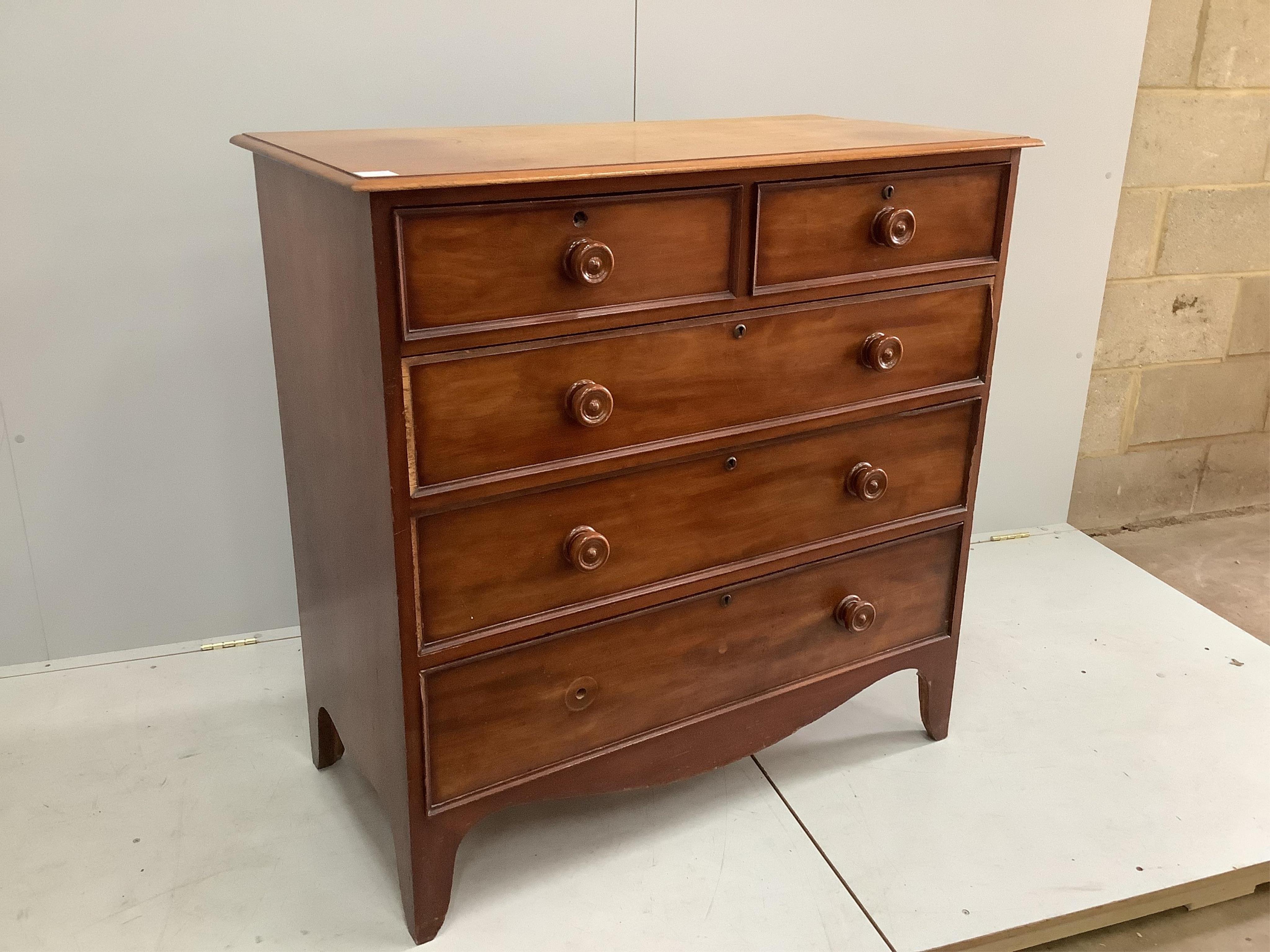 An early Victorian mahogany chest of two short and three long drawers, on bracket feet, width 106cm, depth 52cm, height 105cm. Condition - fair